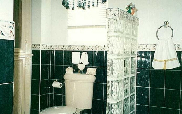 Custom bathroom with dark wall tile and a glass-block shower enclosure